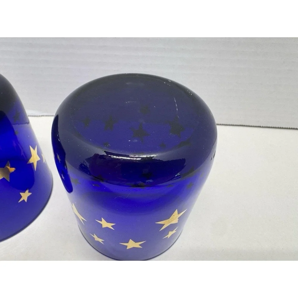 Vtg Cobalt Blue Celestial Gold Stars Lowball Glasses Set Of 2 Libbey